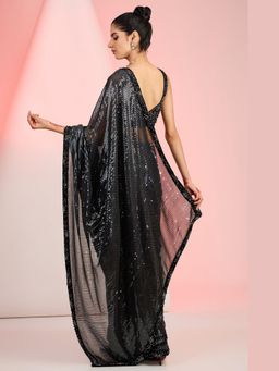 Meenagurnam - Sequin line break Black Saree With Stitched Blouse with Stitched