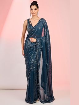 Meenagurnam - Dark Blue Georgette Hand Embroidered Saree With Stitched Blouse