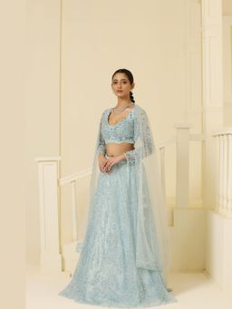 Meenagurnam - Net Kalidar cutdana and Beads work Blue Lehenga With Choli And Dupatta