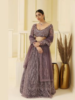 Meenagurnam - Net Mauve Cutdana And Beads Work Lehenga With Blouse And Dupatta