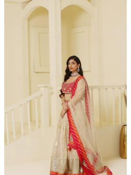 Meenagurnam - Magenta Embroidered Tissue Lehenga With Choli And Dupatta