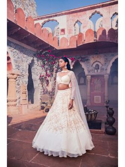 Meenagurnam - Beige Floral Embroidered Lehenga With Blouse And Dupatta