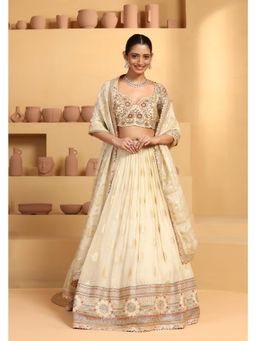 Meenagurnam - Hand crafted Beige Tissue jacquard Lehenga With Choli And Dupatta