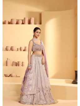 Meenagurnam - Mauve Cutwork Tissue Lehenga With Blouse And Dupatta