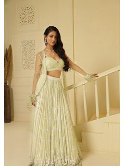 Meenagurnam - Sea Green Georgette Hand Embellished Yellow Lehenga With Choli And Jacket