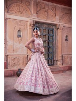 Meenagurnam - Pink Jacquard Tissue Hand Embellished Lehenga With Choli And Dupatta