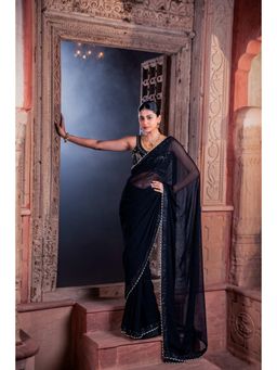Meenagurnam - Black Georgette Saree With Stitched Blouse