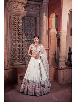 Meenagurnam - Beige Net and Viscose Georgette Resham Work Lehenga With Blouse And Dupatta