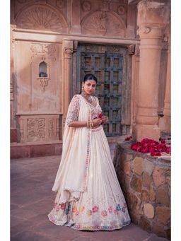 Meenagurnam - Ivory Net and Organza Hand Embellished Lehenga With Blouse And Dupatta