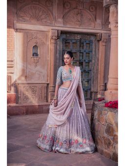 Meenagurnam - Grey Net and Organza Hand Embellished Lavender Lehenga With Blouse And Dupatta