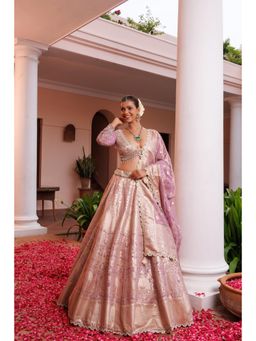 Meenagurnam - Lilac Tissue Mirror Hand Embroidered Pink Lehenga With Blouse And Dupatta