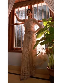 Meenagurnam - Floral Embroidered Gold Saree With Stitched Blouse