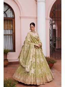 Meenagurnam - Bright Green Tissue Floral Embroidered Lehenga With Blouse And Dupatta