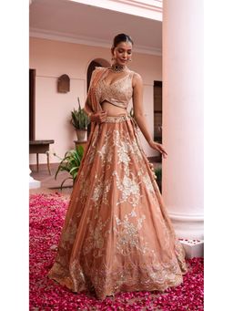 Meenagurnam - Rust Tissue Floral Embroidered Lehenga With Blouse And Dupatta
