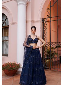 Meenagurnam - Navy Blue Net Floral Motif Embroidered Lehenga With Blouse And Dupatta