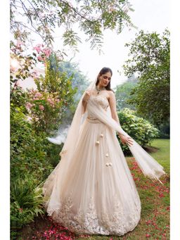 Meenagurnam - Ivory Net 3D Floral Embellished Lehenga With Blouse And Dupatta