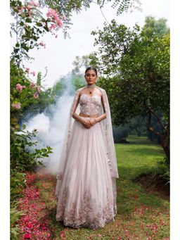 Meenagurnam - Ivory Net 3D Floral Embellished Lehenga With Blouse And Dupatta