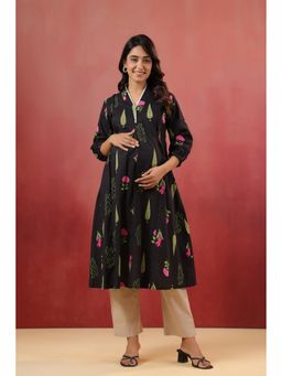 CRAFIQA - Power Black Mughal Boota Cotton Maternity Nursing Kurta