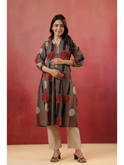 CRAFIQA - Mocha Geometric Ajrakh Cotton Maternity Nursing Kurta