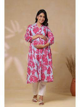 CRAFIQA - Cool Grey Leafy Cotton Maternity Nursing Kurta