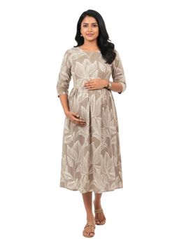 Putchi - Taupe Brown Cotton Round Neck Pebble Comfort Feeding Dress