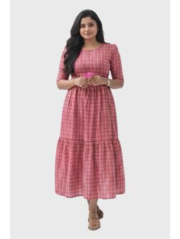 Putchi - Woven Pink Lavendar Puff Sleeves Zipper Round Neck Peony Plaid Feeding Dress