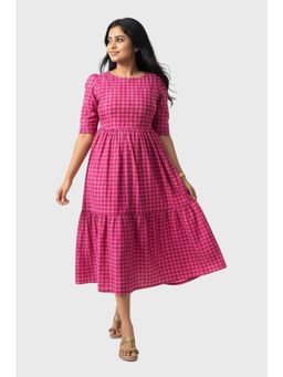 Putchi - Woven Magenta Pink Puff Sleeves Zipper Round Neck Rose Checks Feeding Dress