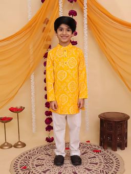 AJ Dezines - Yellow Cotton Full Sleeves Floral Print Kurta & Pyjama