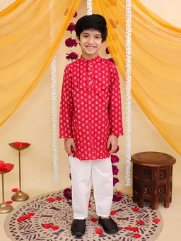 AJ Dezines - Red Cotton Full Sleeves Floral Print Kurta & Pyjama