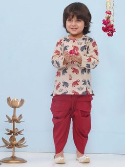 AJ Dezines - Beige Pure Cotton Full Sleeves Elephant Print Kurta & Dhoti
