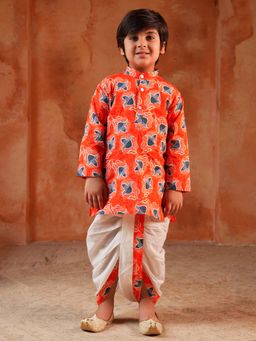 AJ Dezines - Orange Cotton Full Sleeves Floral Printed Dhoti