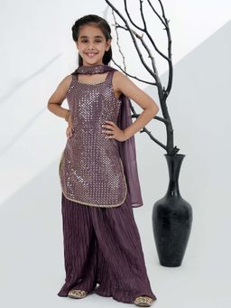 AJ Dezines - Purple Georgette Sleeveless Embroidered Kurti & Sharara with Dupatta
