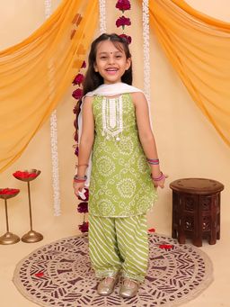 AJ Dezines - Green Cotton Sleeveless Floral Printed Kurti & Salwar with Dupatta