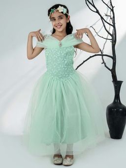 AJ Dezines - Sea Green Net Sleeveless Embroidered Gown with Brooch