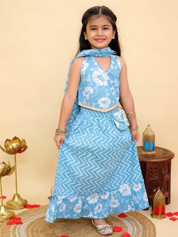 AJ Dezines - Blue Cotton Sleeveless Floral Printed Choli & Lehenga with Dupatta
