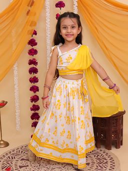 AJ Dezines - Yellow Cotton Sleeveless Floral Printed Choli & Lehenga