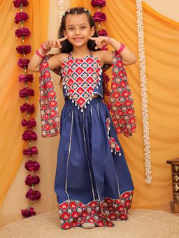 AJ Dezines - Blue Cotton Sleeveless Floral Printed Choli & Lehenga with Dupatta