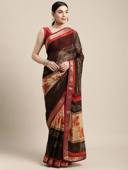 Sangam Prints - Brown Georgette Lace Work Daily Wear Saree with Unstitched Blouse