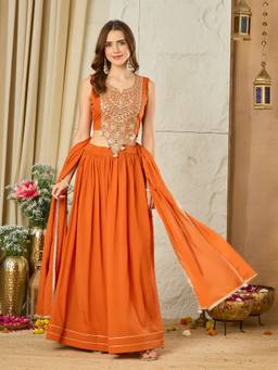 MOKOSH - Women Orange Embroidered Silk Lehenga with Choli and Dupatta