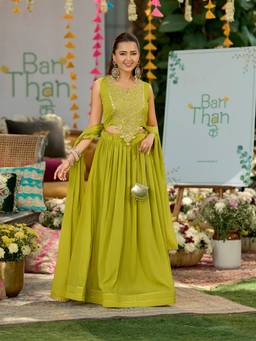MOKOSH - Women Green Embroidered Silk Lehenga with Choli and Dupatta