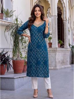 Rangita - Women Teal Rayon Embroidered V-Neck Kurta