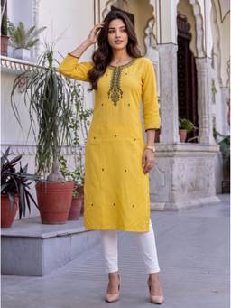 Rangita - Women Mustard Rayon Embroidered Round Neck Kurta