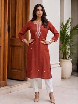 Rangita - Women Rust Rayon Embroidered Round Neck Kurta