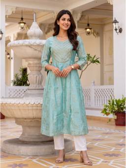 Rangita - Women Turquoise Poly Viscose Embroidered Round Neck Kurta