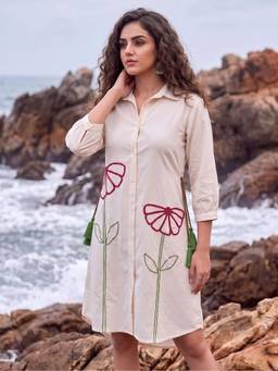 Dora Dori - Floral Embroidered Cotton White Knee Length Dress