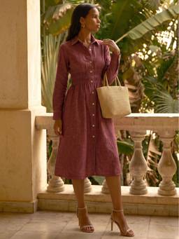 Dora Dori - Mauve Cotton A-Line Knee Length Dress
