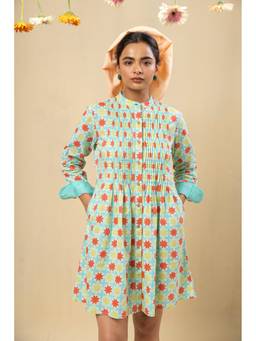 RATAN JAIPUR - Pleated Yoke Cotton Turquoise Mini Dress