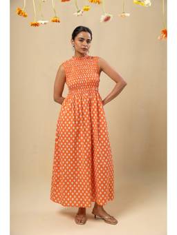 RATAN JAIPUR - Sleeveless Smocked Coral Maxi Dress