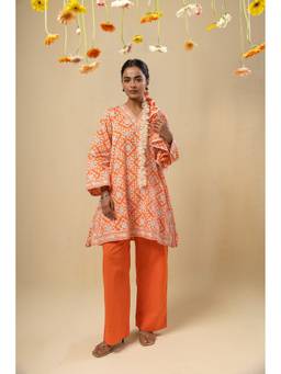 RATAN JAIPUR - V Neck Bell Sleeve Coral Kurtis