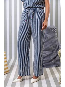 RATAN JAIPUR - Striped Double Gauze Lounge Blue Pant